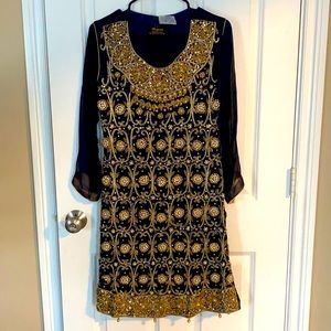 Navy blue and gold Pakistani dress with heavy work